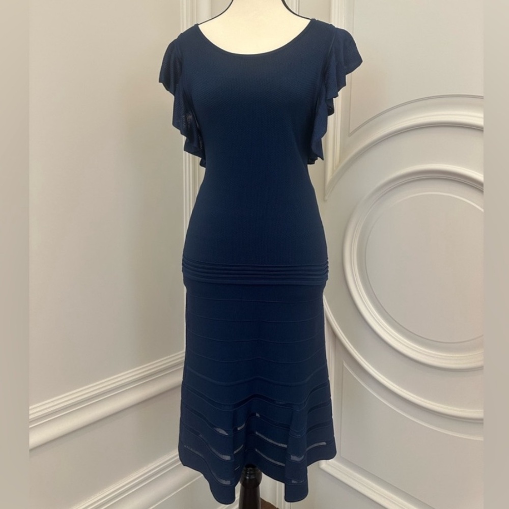 Sandro Midnight Blue Co-Ord Set- Ruffle Shirt Knee Length Fit Flare Skirt- Large - Picture 2 of 9